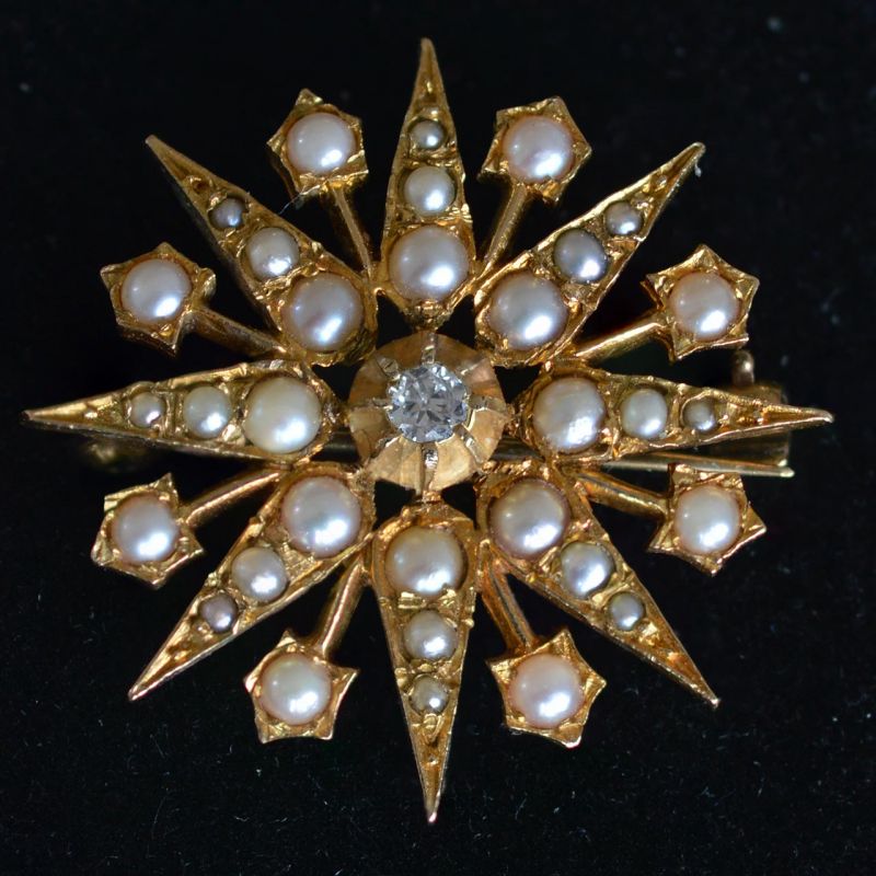 antique-seed-pearl-old-mine-cut-diamond-star-brooch-pendant-gold