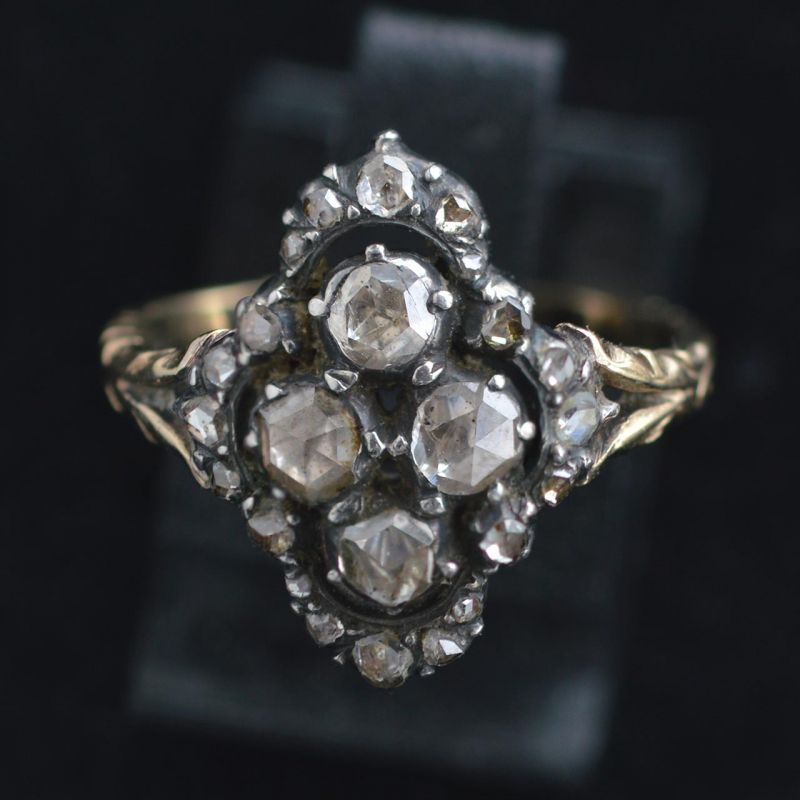 14-k-gold-silver-dutch-antique-rose-cut-diamond-cluster-ring