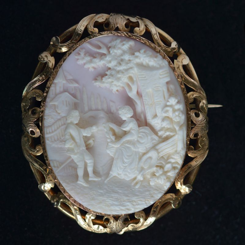 landscape-cameo-brooch-romantic-erotic-huge-fig-leaf-chinese-details-perfect-condition-fourteen-carats-585-frame-rich-scroll-wor