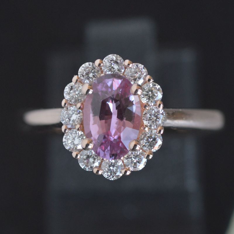 cluster-ring-pink-gold-oval-pink-sapphire-round-conflict-free-diamonds-engagement-lady-di