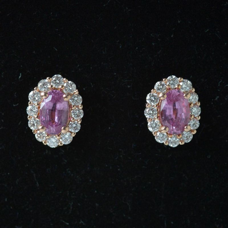 entourage-earrings-red-gold-oval-pink-sapphire-round-conflict-free-diamonds-cluster-lady-di