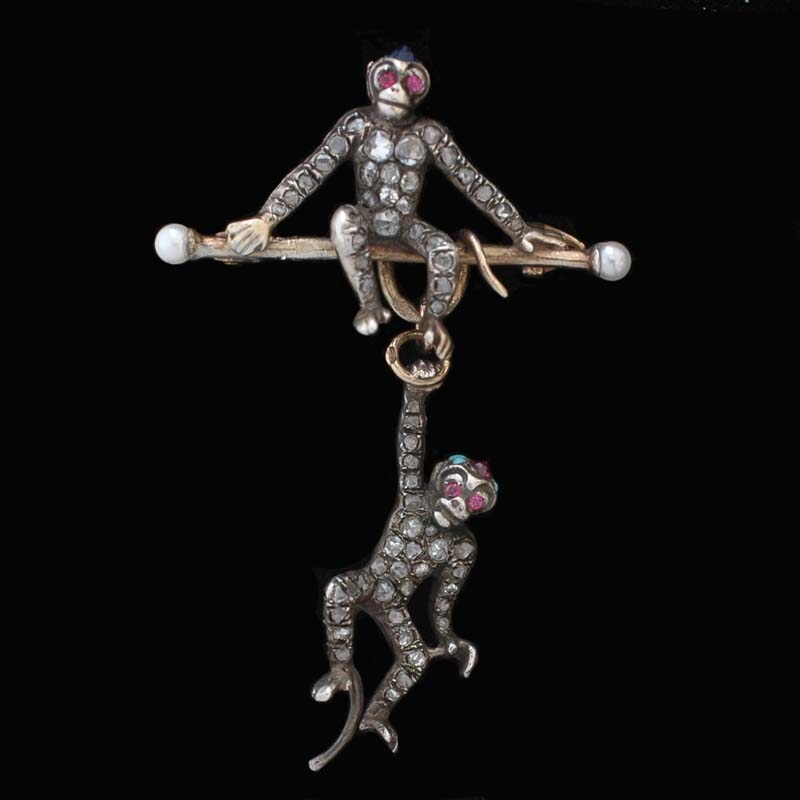 gold-silver-rose-cut-diamonds-rubies-turquoise-sapphire-pearls-monkey-brooch