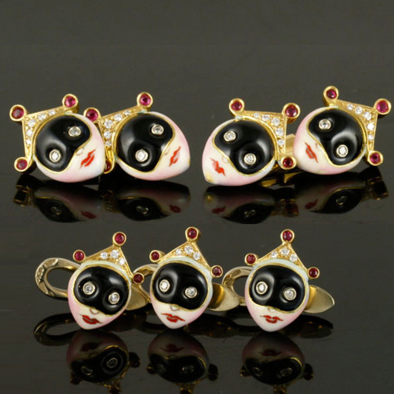 18k-gold-italian-dress-set-gold-cufflinks-studs-diamonds-rubies-multicolored-enamel-onyx-masks