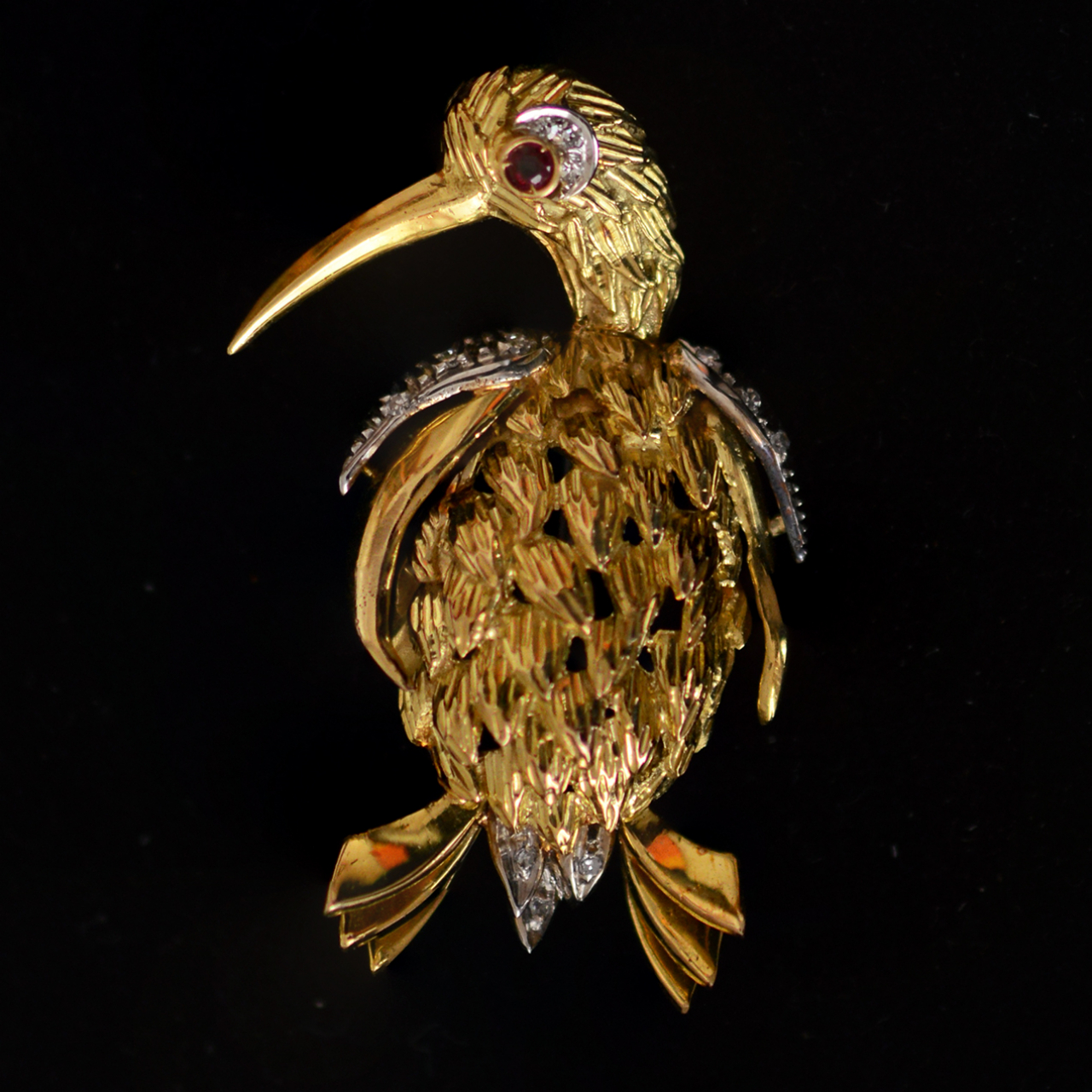 yellow-gold-platinum-broche-bird-single-cut-diamonds-ruby