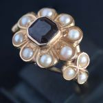 almandine-garnet-pearl-14k-gold-cluster-ring-1980-design-homburg-amsterdam